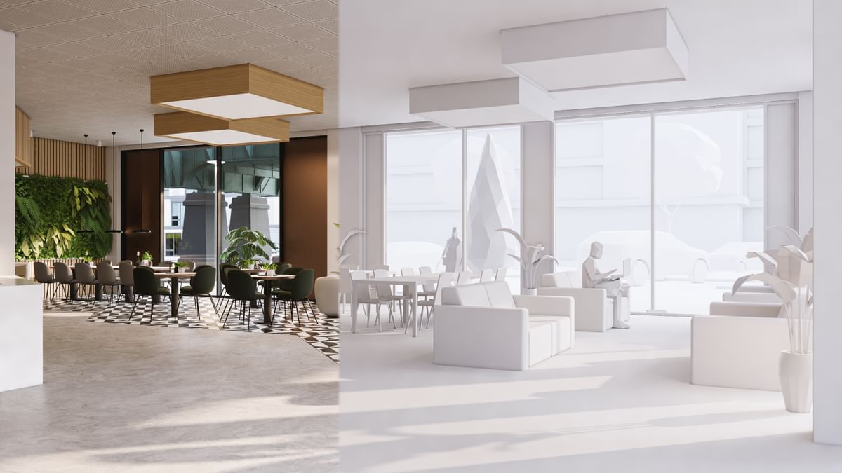 Interior de cafeteria moderno renderizado em tempo real com o Enscape