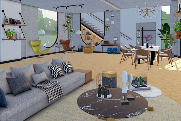 Exemplo de projeto de design de interiores criado no SketchUp com sala moderna